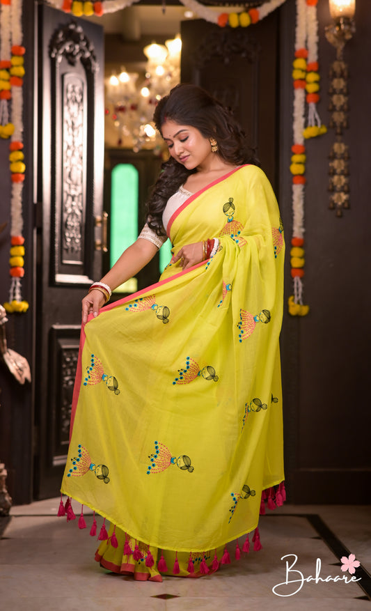Noor | Neon Mul Mul Cotton Saree with Doll Motif