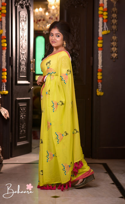 Noor | Neon Mul Mul Cotton Saree with Doll Motif