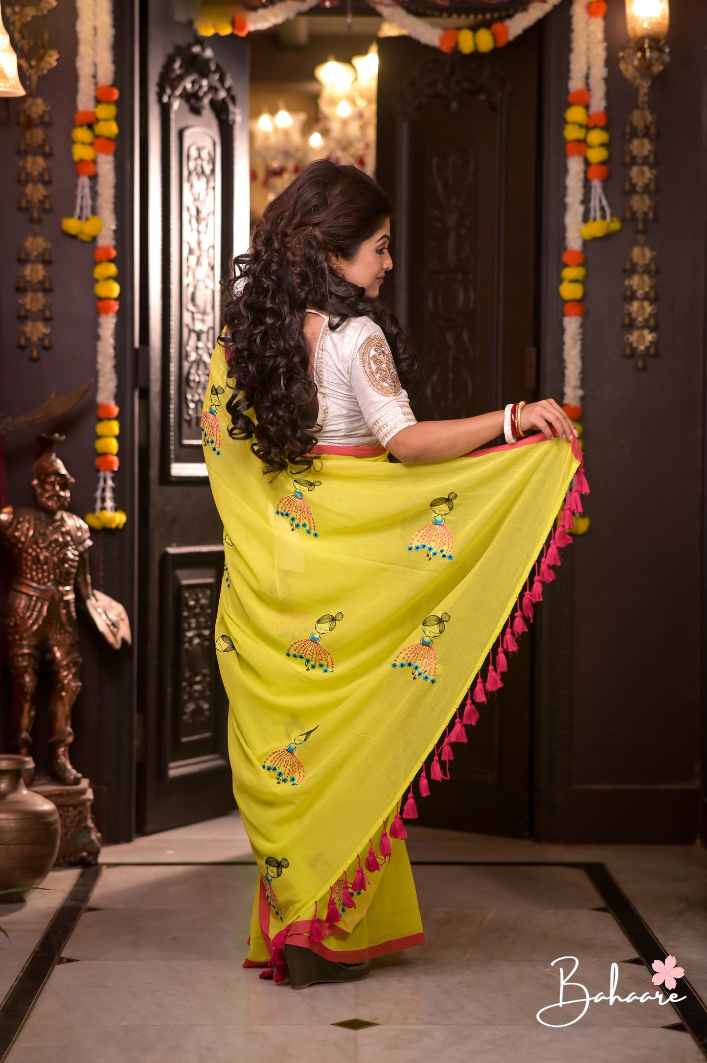 Noor | Neon Mul Mul Cotton Saree with Doll Motif