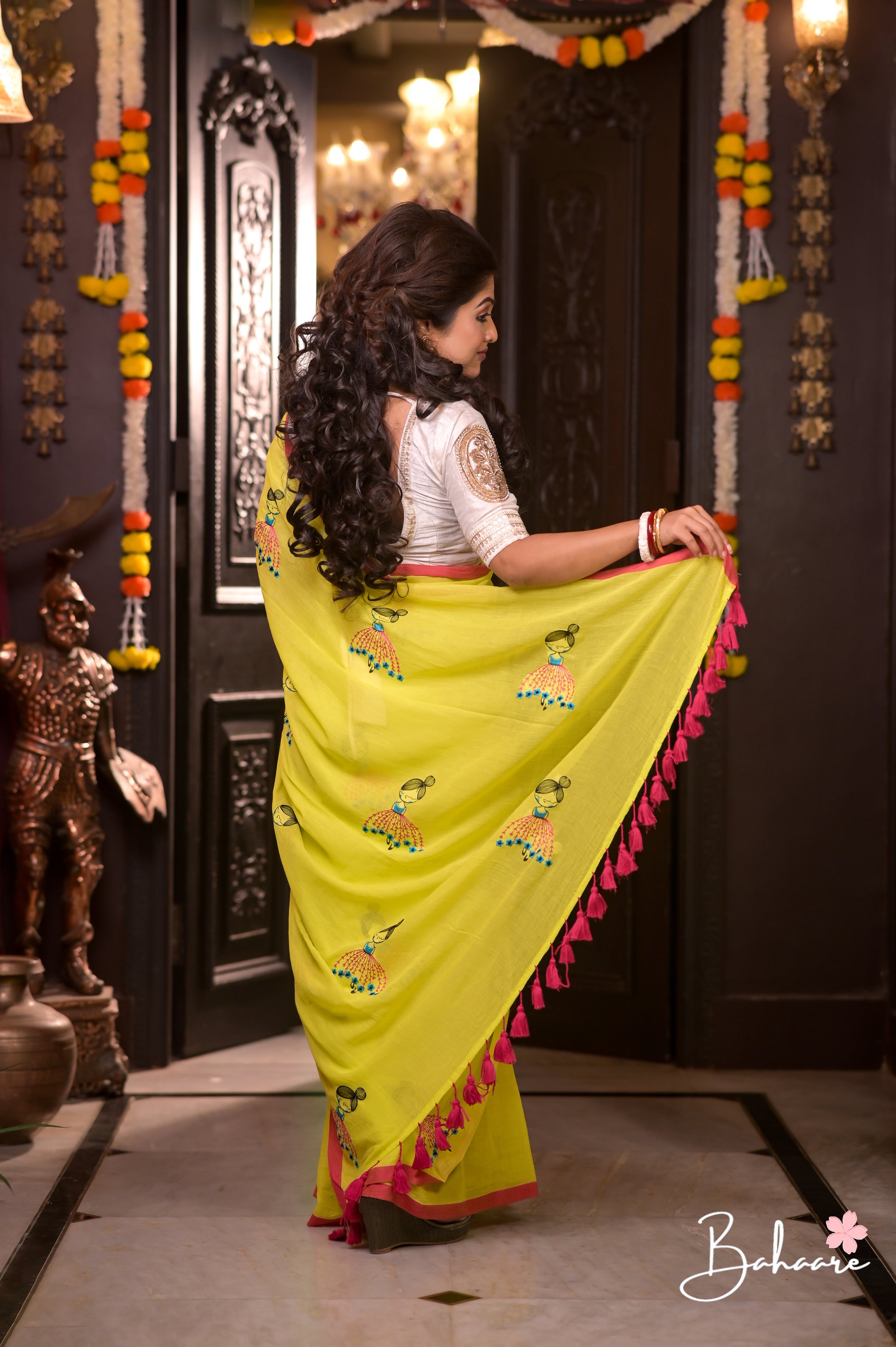 Noor | Neon Mul Mul Cotton Saree with Doll Motif