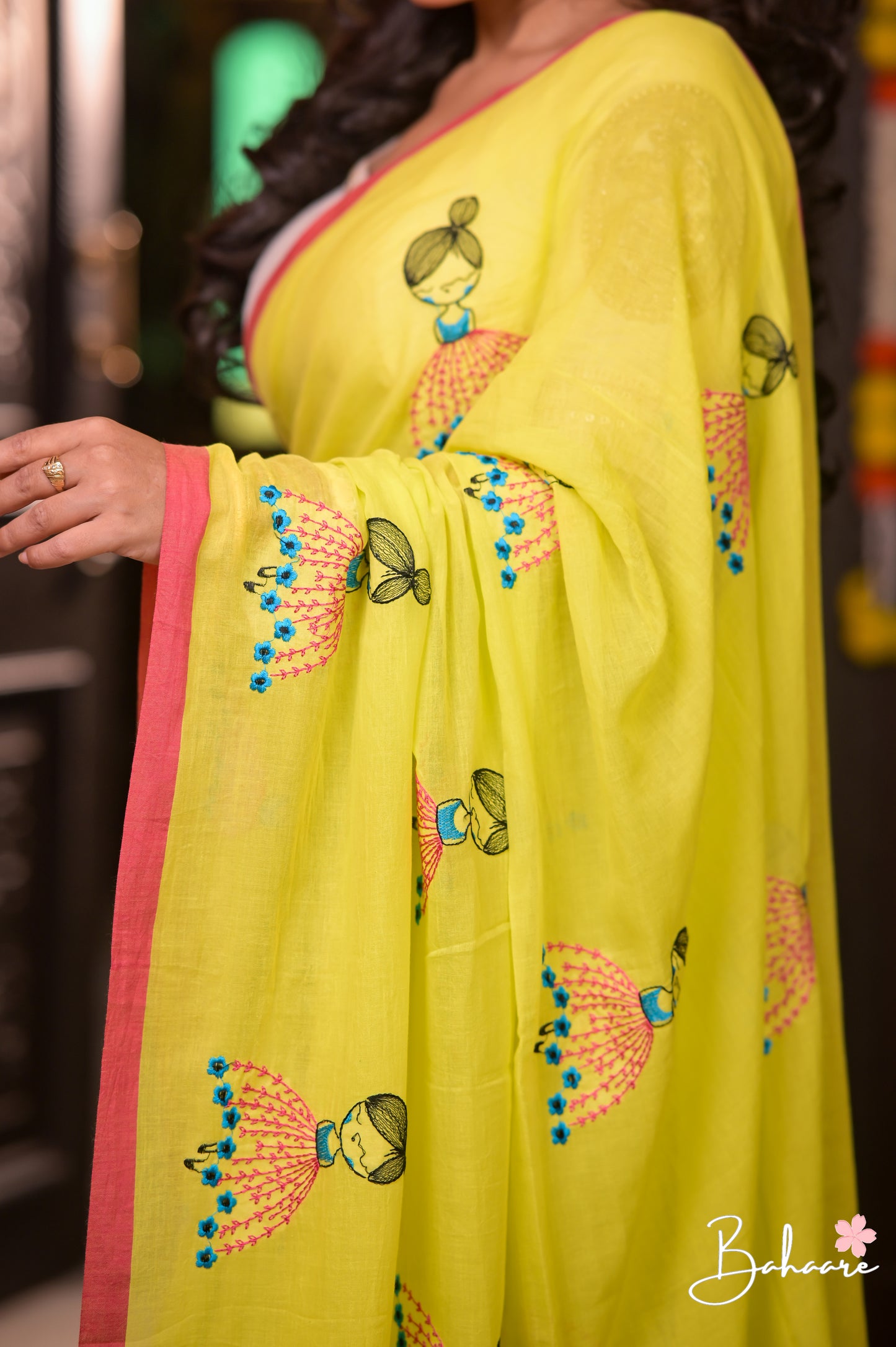 Noor | Neon Mul Mul Cotton Saree with Doll Motif