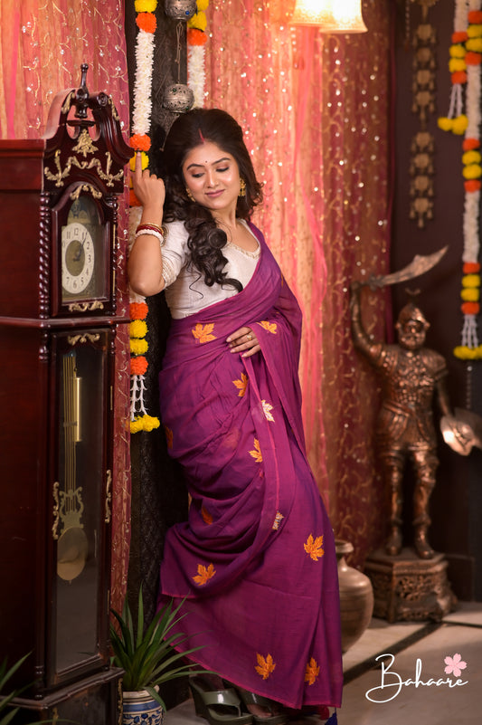 Mohini | Magenta Dual Tone Mul Mul Cotton Saree with Leaf Embroidery