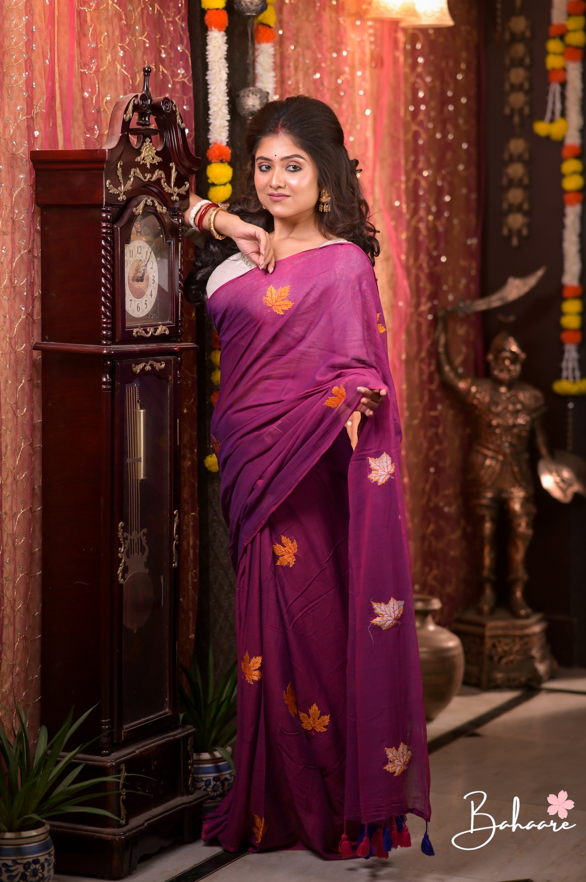 Mohini | Magenta Dual Tone Mul Mul Cotton Saree with Leaf Embroidery