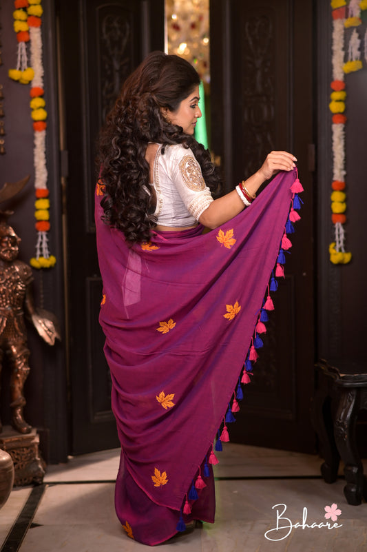 Mohini | Magenta Dual Tone Mul Mul Cotton Saree with Leaf Embroidery