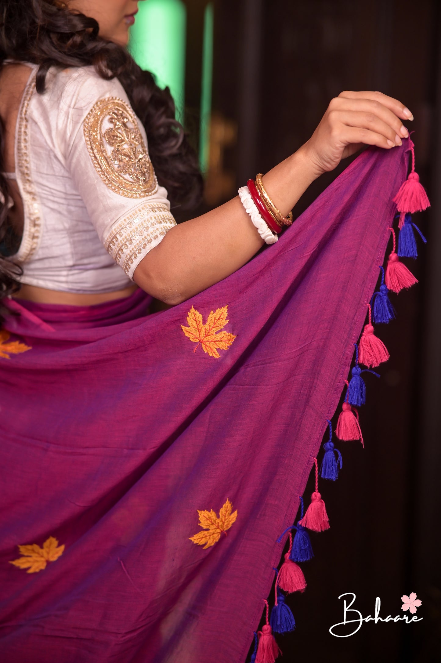 Mohini | Magenta Dual Tone Mul Mul Cotton Saree with Leaf Embroidery