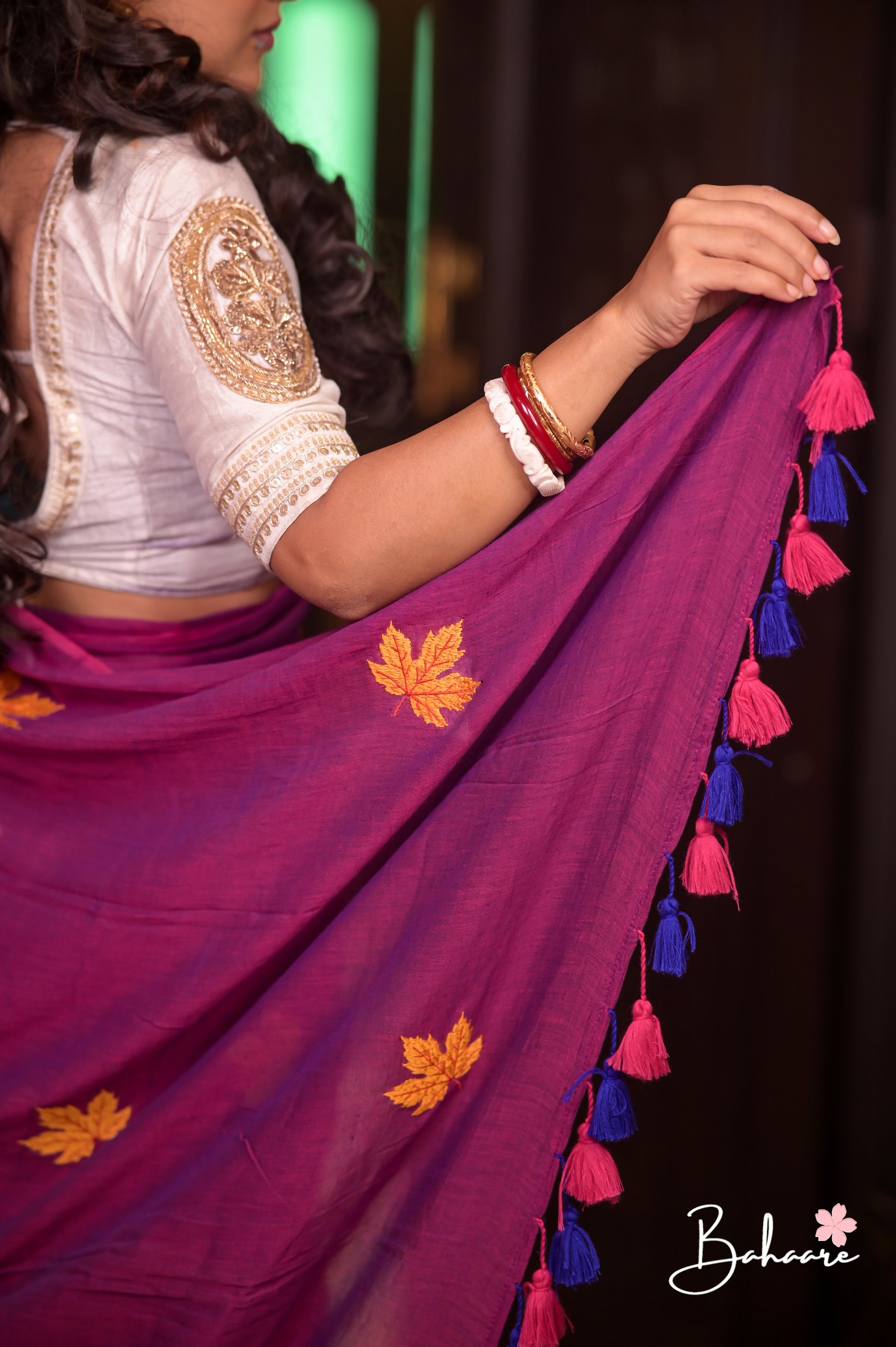 Mohini | Magenta Dual Tone Mul Mul Cotton Saree with Leaf Embroidery