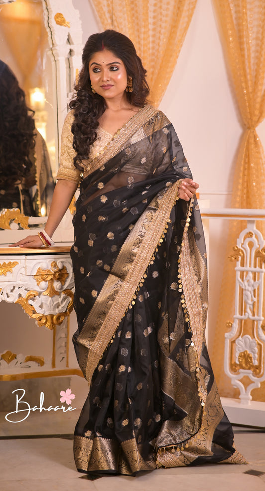 Utsav | Black Benarasi Tissue Silk Saree with Metallic Coin Gota Patti Lace
