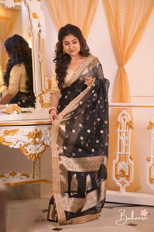 Utsav | Black Benarasi Tissue Silk Saree with Metallic Coin Gota Patti Lace