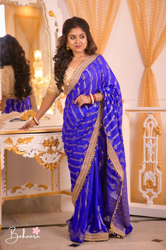 Utsav | Cobalt Blue Benarasi Tissue Silk Saree with Metallic Coin Gota Patti Lace