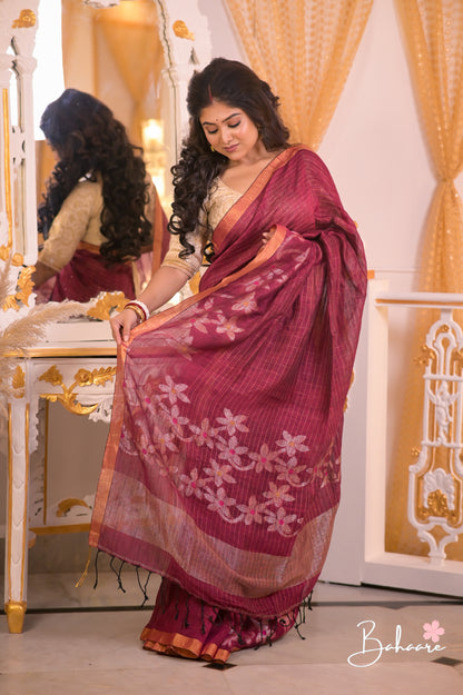 Woodland Whispers | Magenta Pure Premium Linen Saree