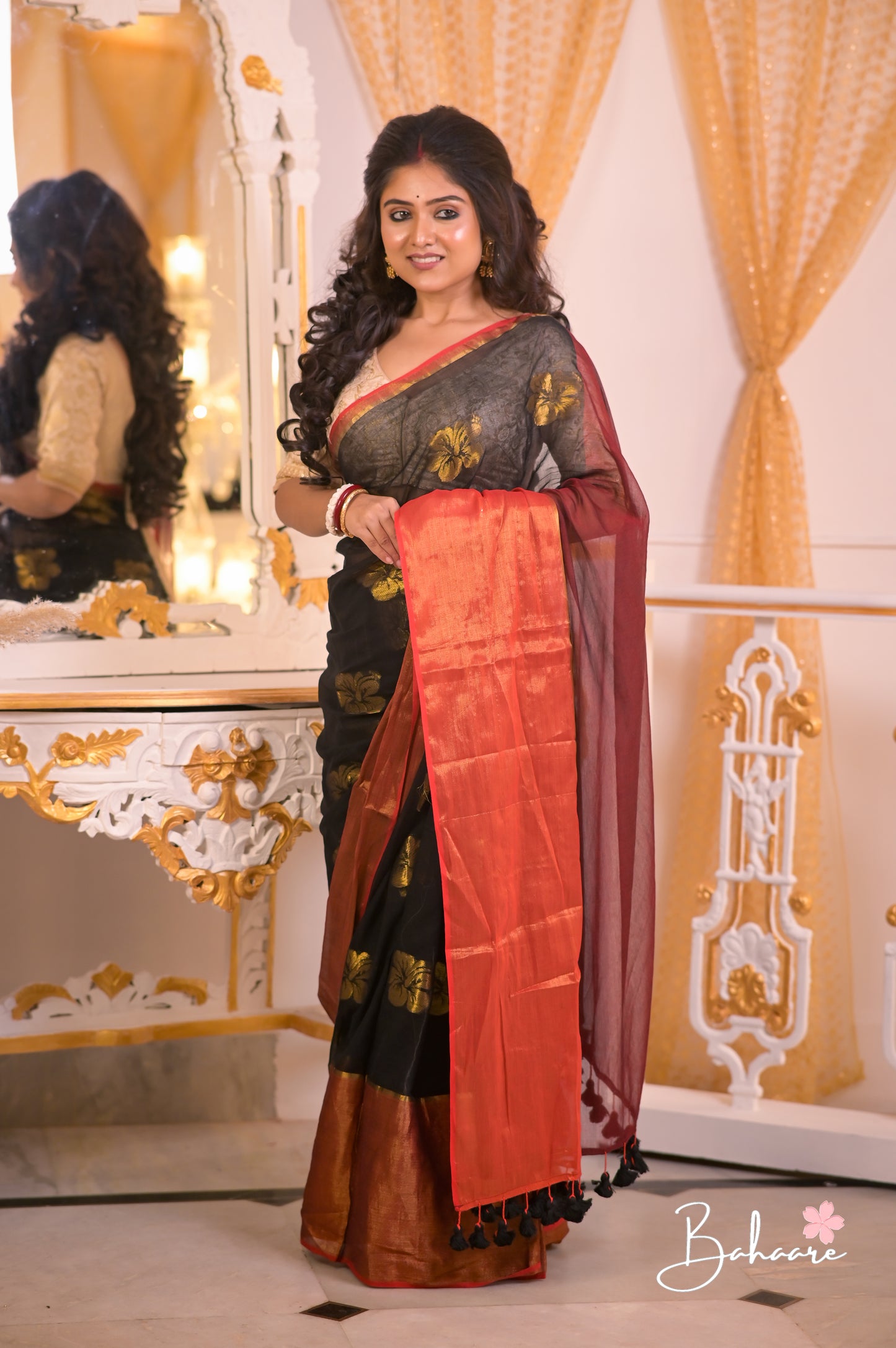 Noor | Dark Black Mul Mul Cotton Saree with Maroon Pallu
