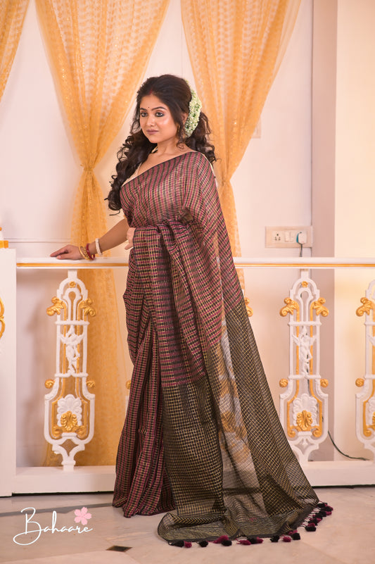 Noor | Magenta Black Mul Mul Cotton Saree with Check Zari Stripe