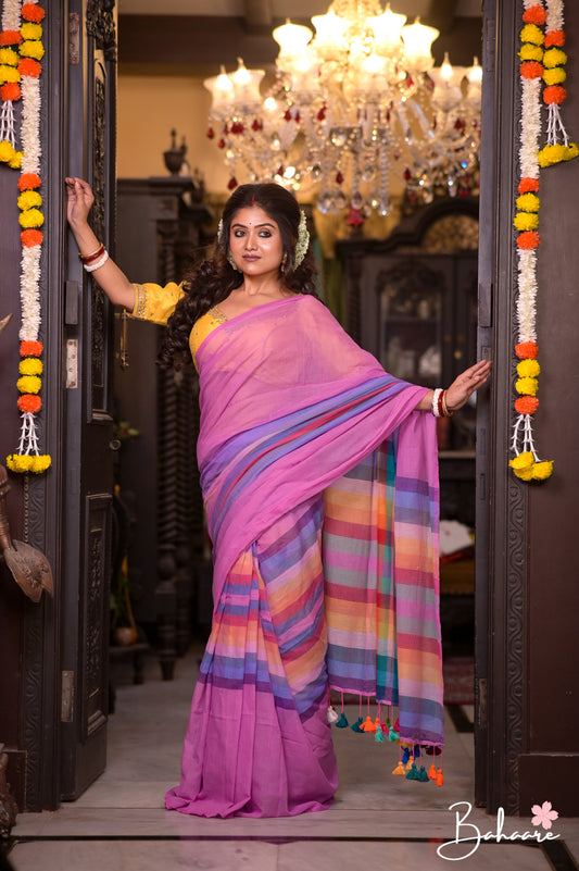 Noor | Lavender Check Mul Mul Cotton Saree