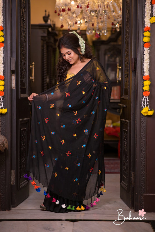 Mohini | Cool Black Celebrity Mul Mul Cotton Saree with Flower Motif