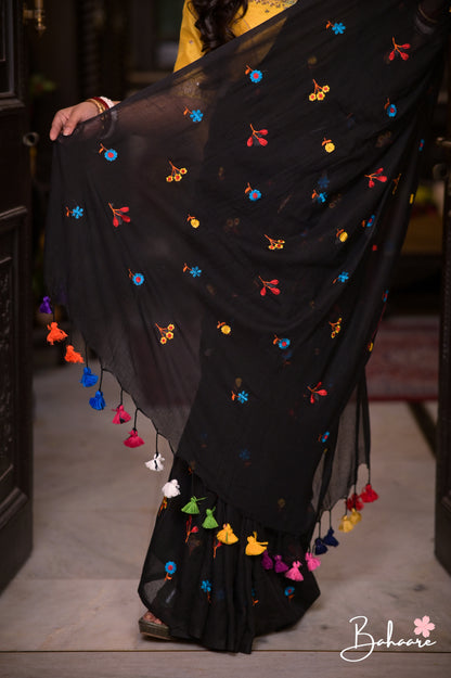 Mohini | Cool Black Celebrity Mul Mul Cotton Saree with Flower Motif