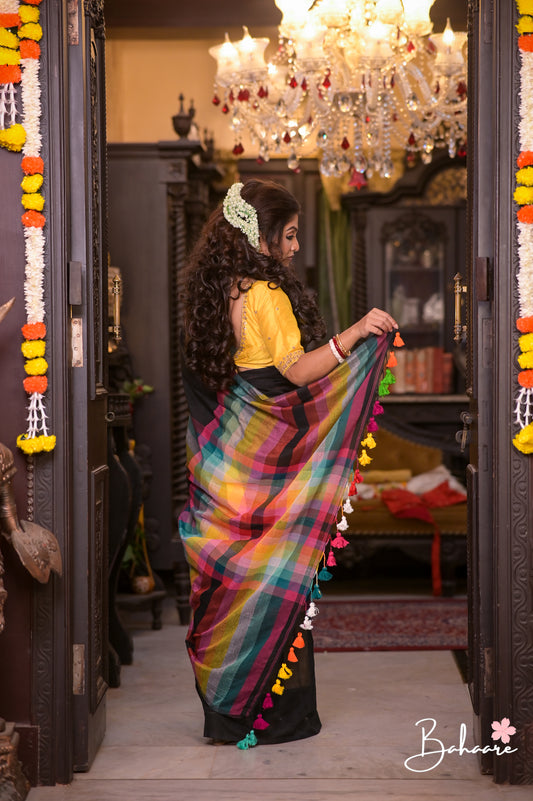 Noor | Ink Black Check Mul Mul Cotton Saree