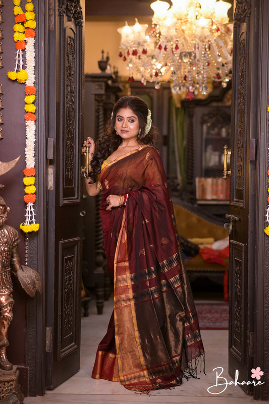 Cotton Galleria | Dark Maroon Premium Jamdani Weave Handwoven Pure Silk by Pure Cotton Saree