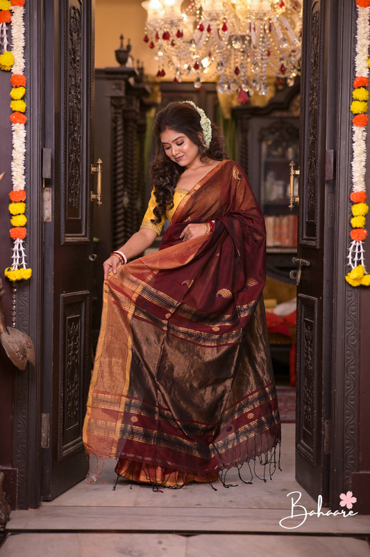 Cotton Galleria | Dark Maroon Premium Jamdani Weave Handwoven Pure Silk by Pure Cotton Saree