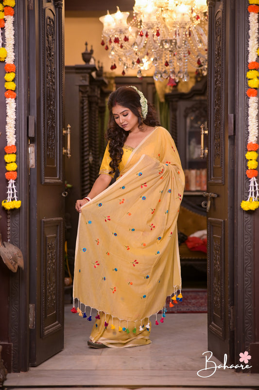 Mohini | Dark Beige Celebrity Mul Mul Cotton Saree with Flower Motif