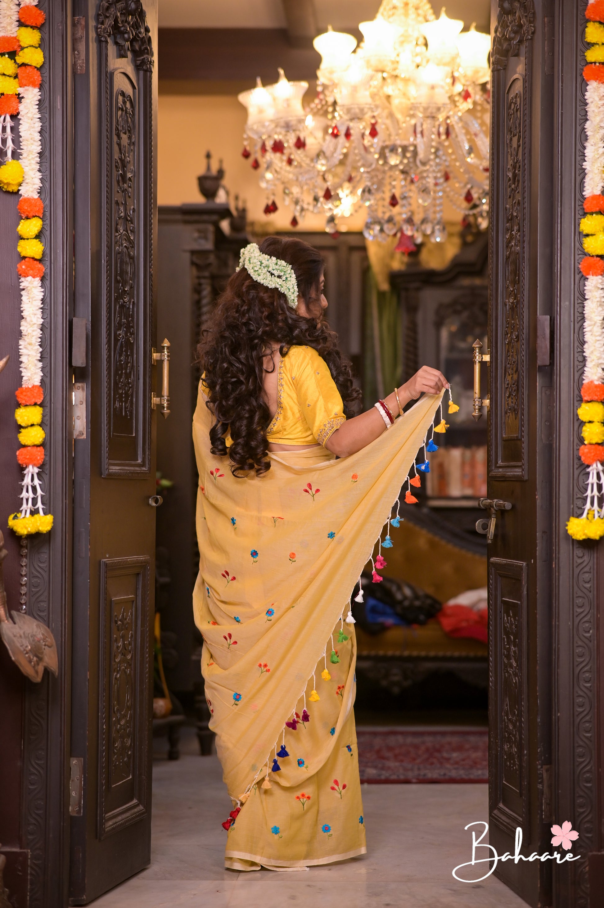 Mohini | Dark Beige Celebrity Mul Mul Cotton Saree with Flower Motif