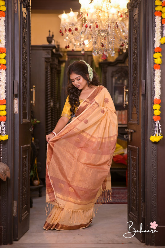 Cotton Galleria | Beige Premium Jamdani Weave Handwoven Pure Silk by Pure Cotton Saree