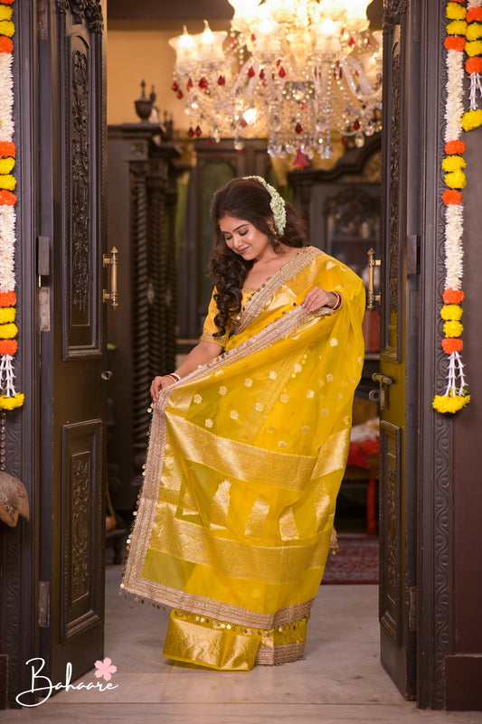 Utsav | Yellow Benarasi Tissue Silk Saree with Metallic Coin Gota Patti Lace