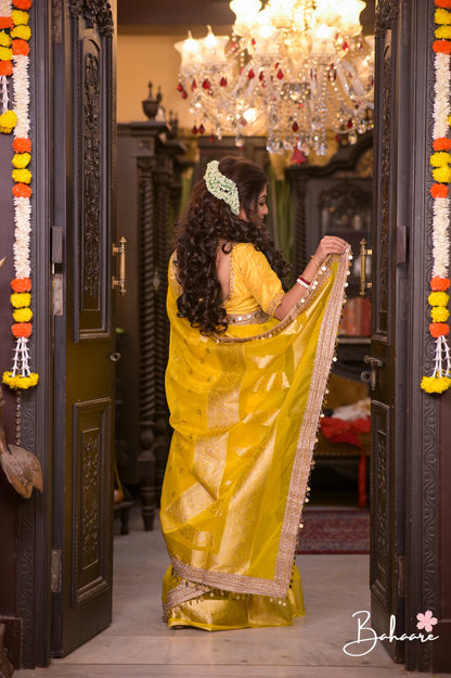 Utsav | Yellow Benarasi Tissue Silk Saree with Metallic Coin Gota Patti Lace