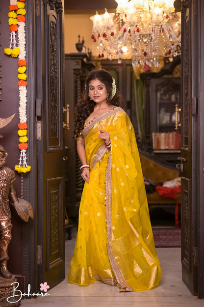 Utsav | Yellow Benarasi Tissue Silk Saree with Metallic Coin Gota Patti Lace
