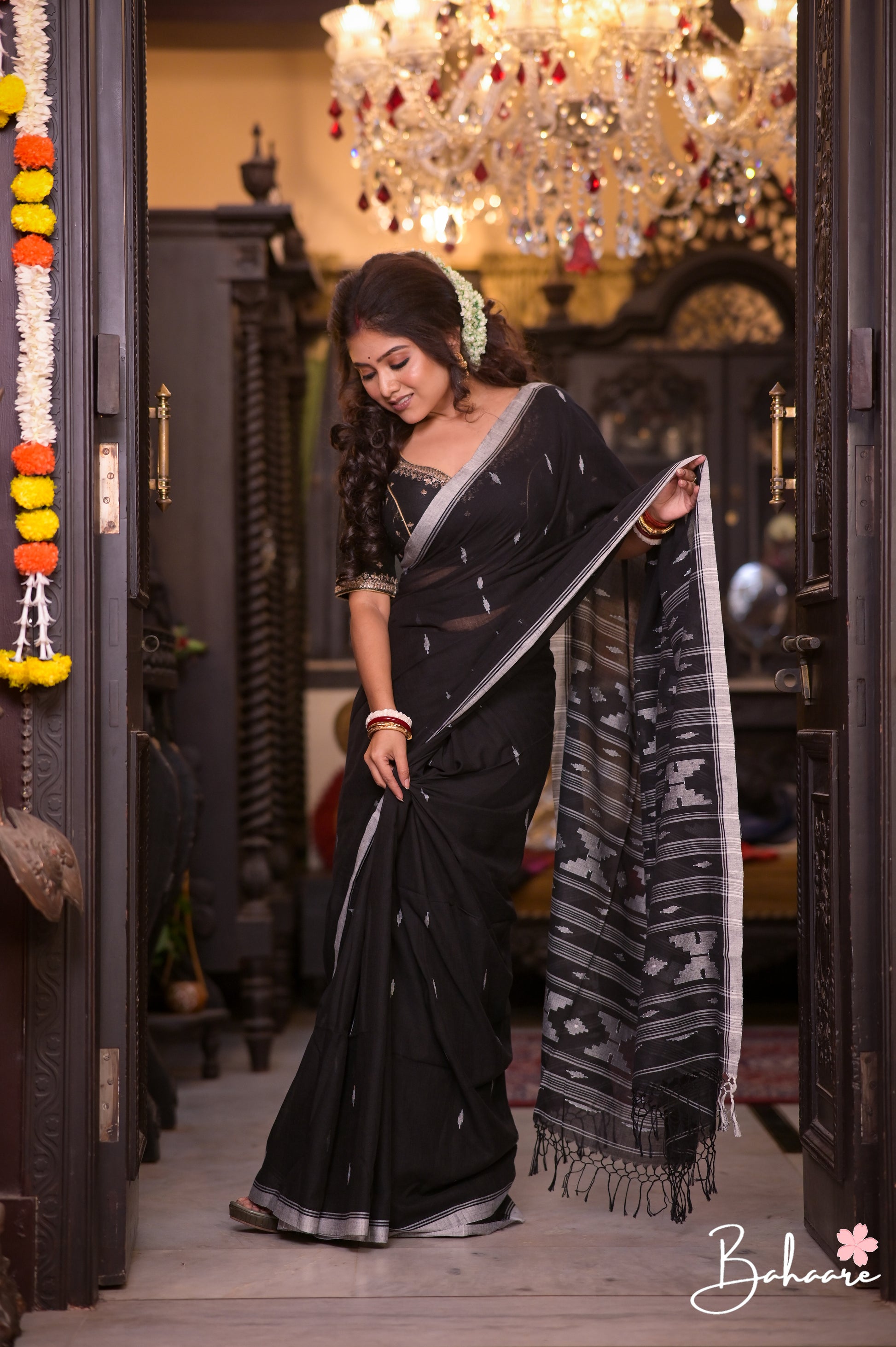 Cotton Galleria | Ebony Black Premium Cotton Jamdani Saree