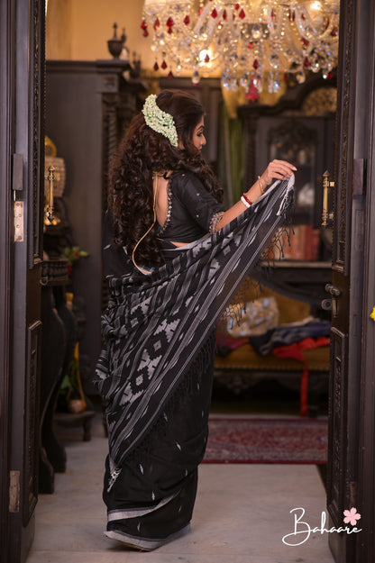 Cotton Galleria | Ebony Black Premium Cotton Jamdani Saree
