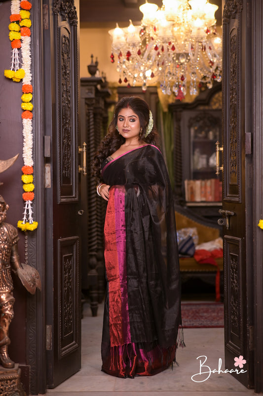 Megha | Black Tissue Saree Multicoloured Border
