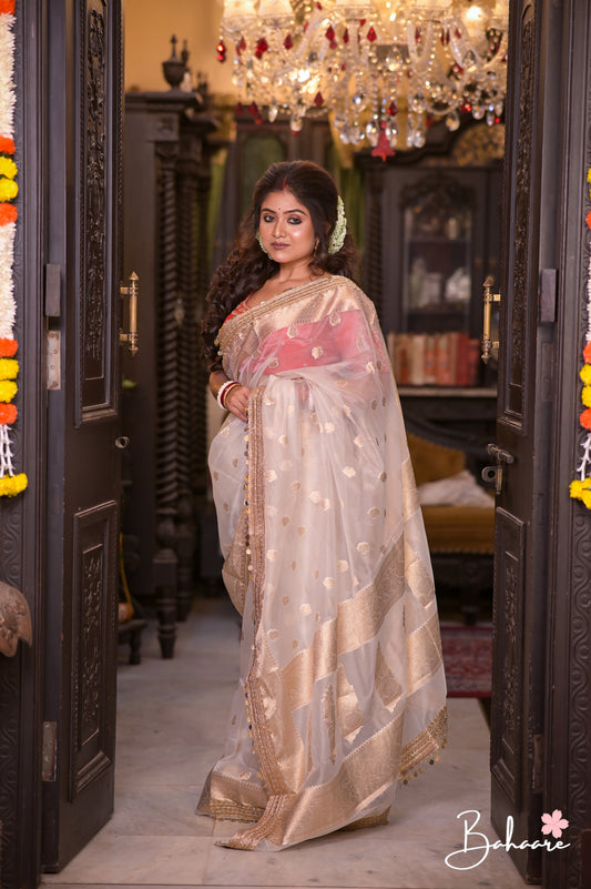 Utsav | Pearl White Benarasi Tissue Silk Saree with Metallic Coin Gota Patti Lace