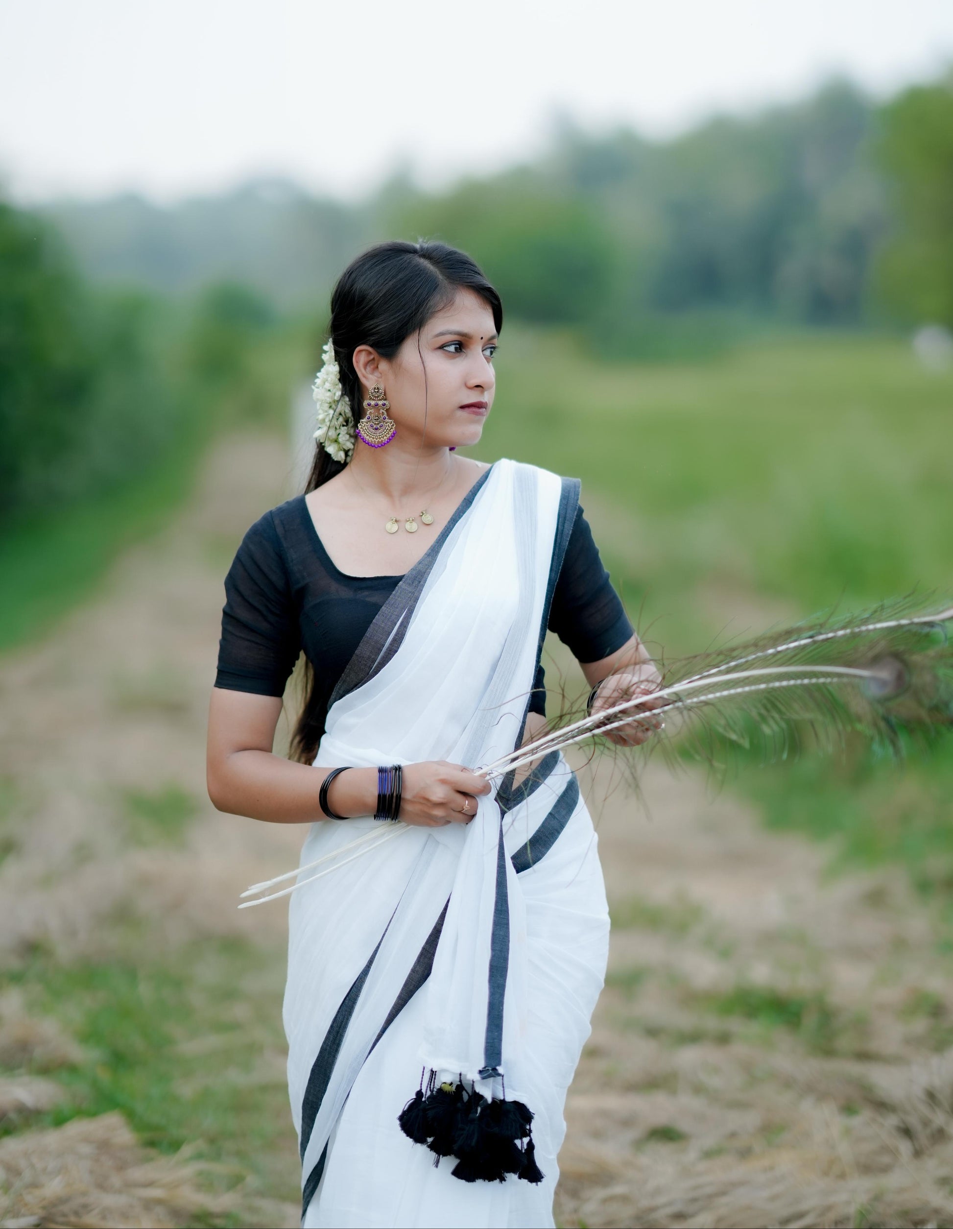 Mohini | Pearl White Fantasy Mul Mul Cotton Saree with Black Border