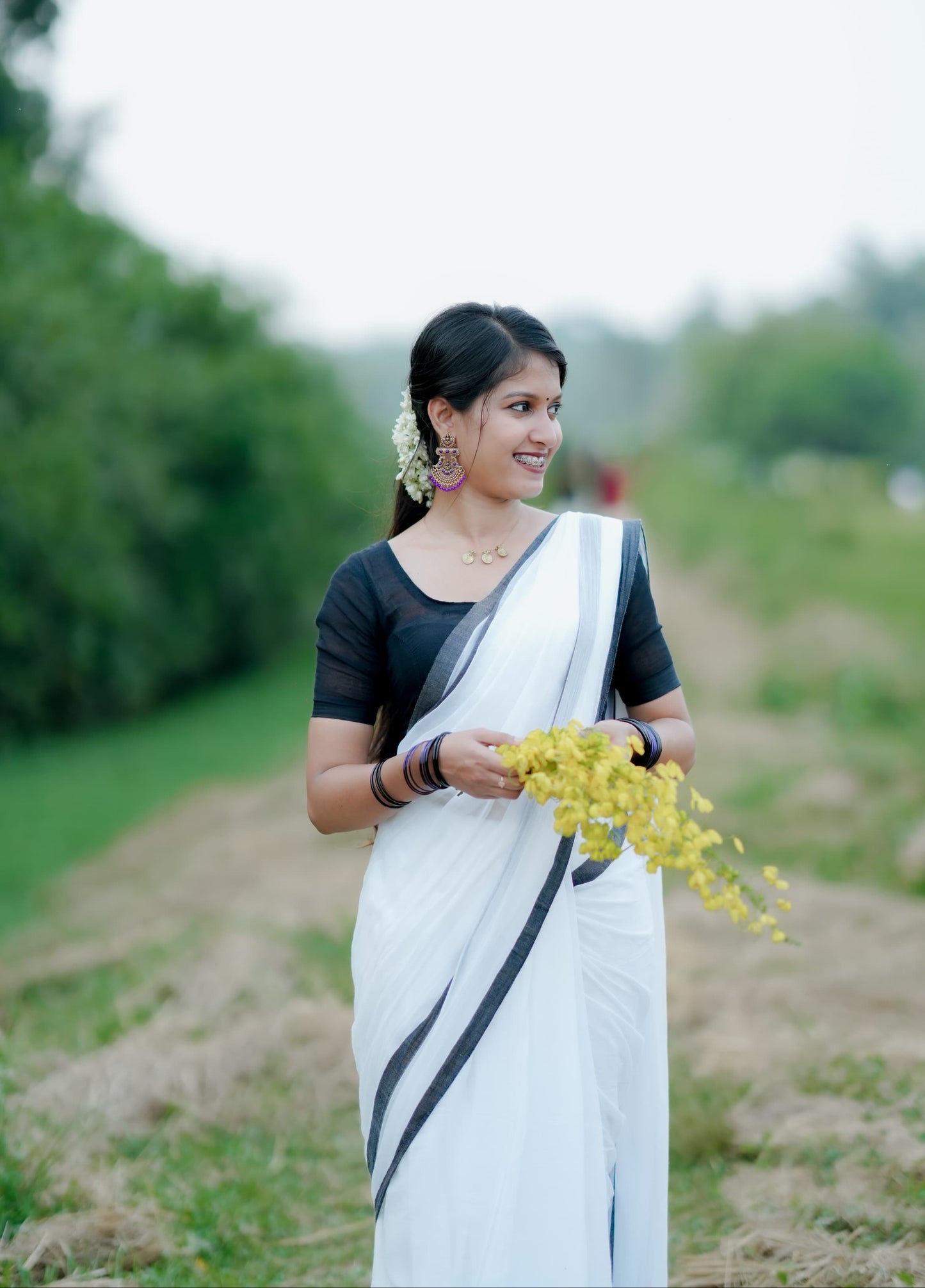 Mohini | Pearl White Fantasy Mul Mul Cotton Saree with Black Border