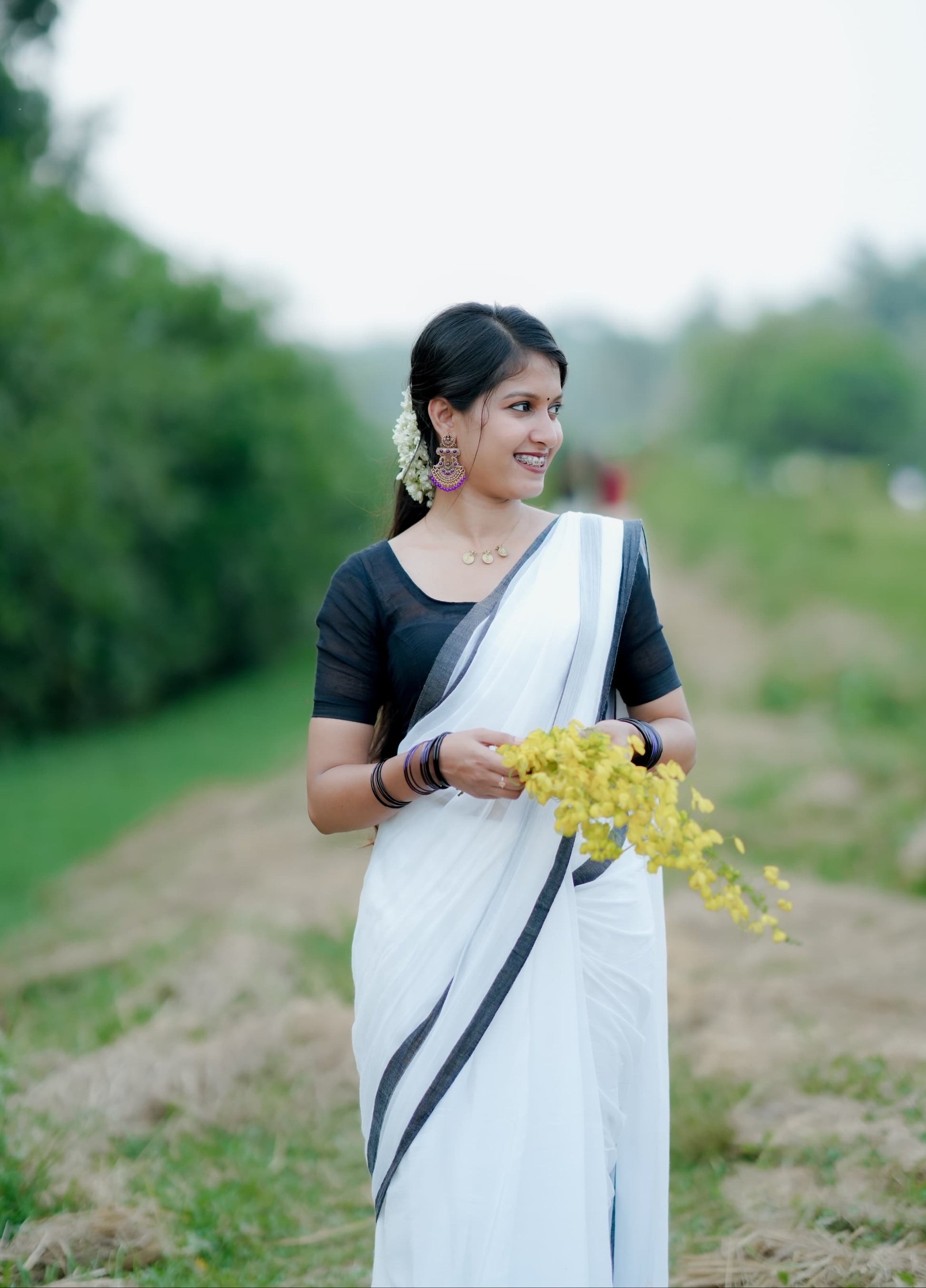 Mohini | Pearl White Fantasy Mul Mul Cotton Saree with Black Border