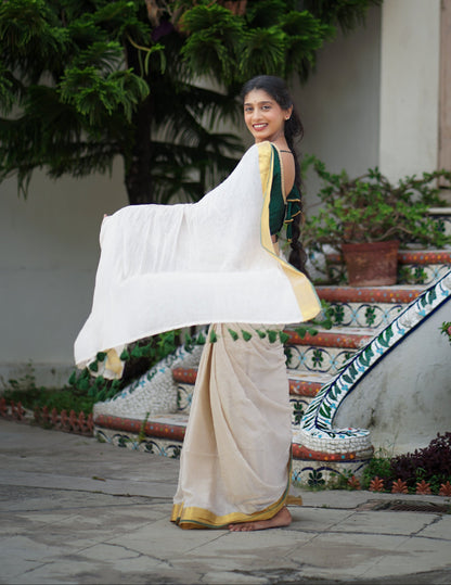 Mohini | Light Beige Mul Mul Cotton Saree with Golden Green Tissue Border