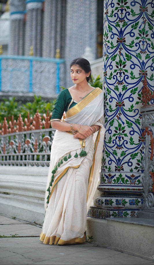 Mohini | Light Beige Mul Mul Cotton Saree with Golden Green Tissue Border