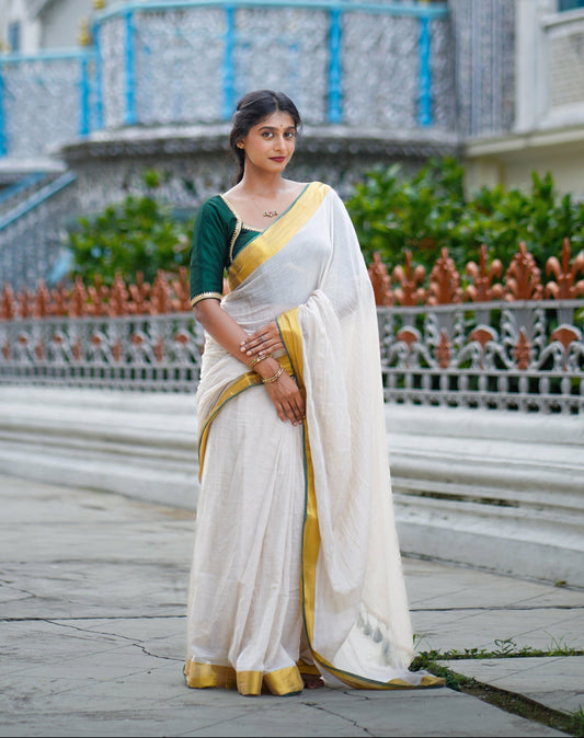 Mohini | Light Beige Mul Mul Cotton Saree with Golden Green Tissue Border