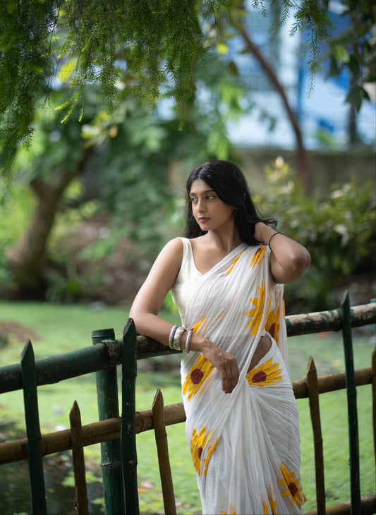 Exotic Sunflower | White Mul Mul Cotton Saree
