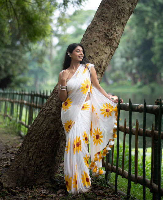 Exotic Sunflower | White Mul Mul Cotton Saree