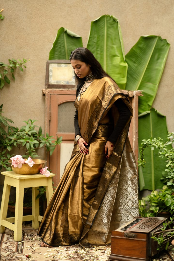 Afreen | Metallic Gold Kanjivaram Tissue Silk Saree
