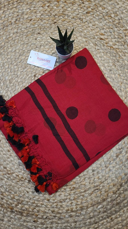 Polka Passion | Red and Black Mul Mul Cotton Saree