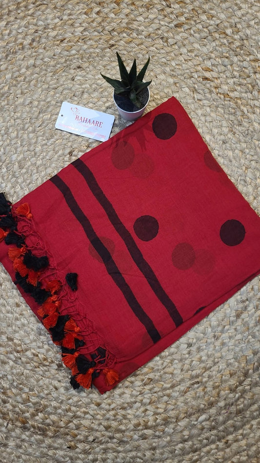 Polka Passion | Red and Black Mul Mul Cotton Saree