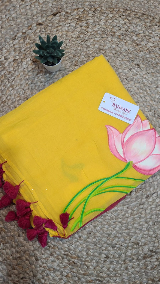 Lotus Luminance | Yellow Mul Mul Cotton Saree