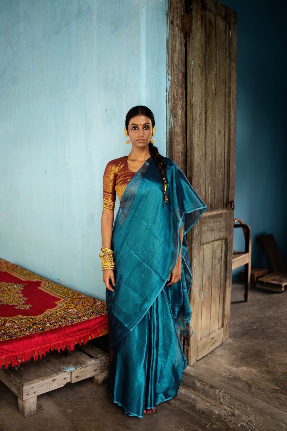 Galaxy | Peacock Blue Tissue Saree