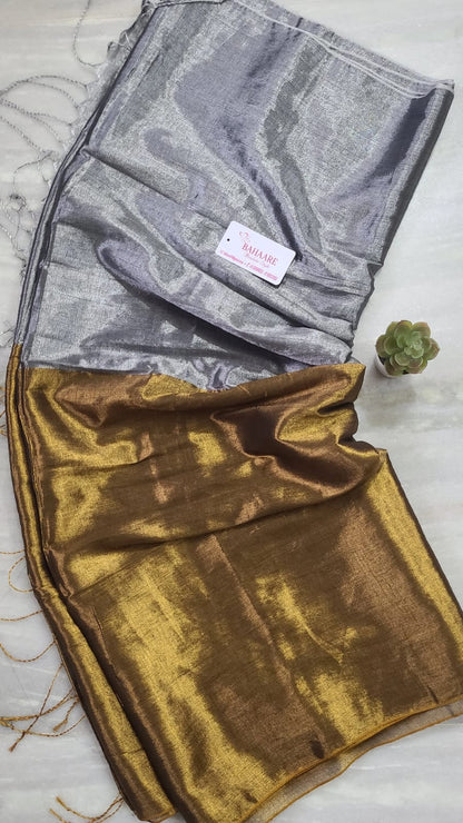 Jashn | Dark Gold and Silver Tissue Saree