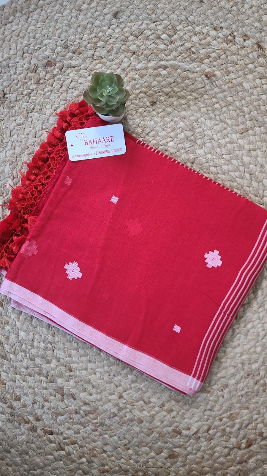 Athena | Red Jamdani Saree with Pink Border