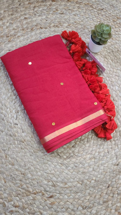 Shimmering Starlight | Red Mul Mul Cotton Saree