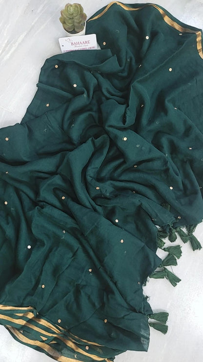 Shimmering Starlight | Forest Green Mul Mul Cotton Saree