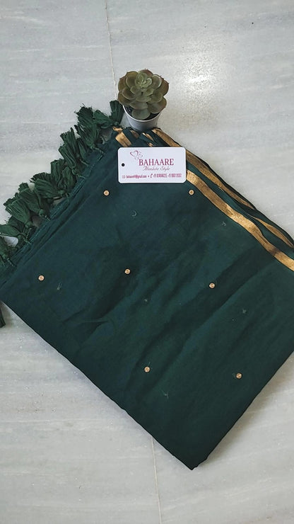 Shimmering Starlight | Forest Green Mul Mul Cotton Saree